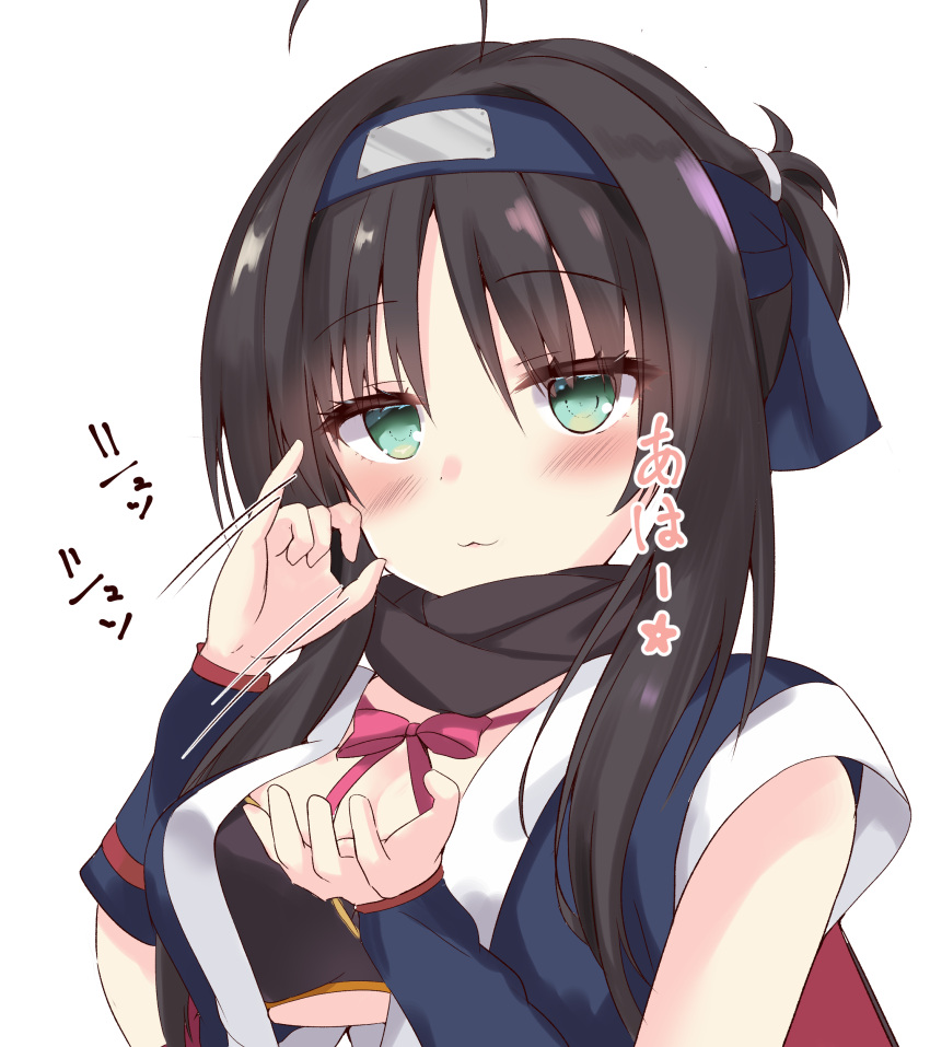 1girl :3 absurdres ahoge black_hair black_scarf blue_gloves blush bow breasts closed_mouth commentary_request elbow_gloves eyelashes fellatio_gesture fingerless_gloves forehead_protector gloves green_eyes hair_between_eyes half_updo hands_up highres hitachi_mako large_breasts looking_at_viewer motion_lines naughty_face ninja parted_bangs pinky_out purunyara red_bow red_ribbon ribbon scarf senren_banka short_hair_with_long_locks short_ponytail simple_background smile solo sound_effects upper_body upturned_eyes white_background