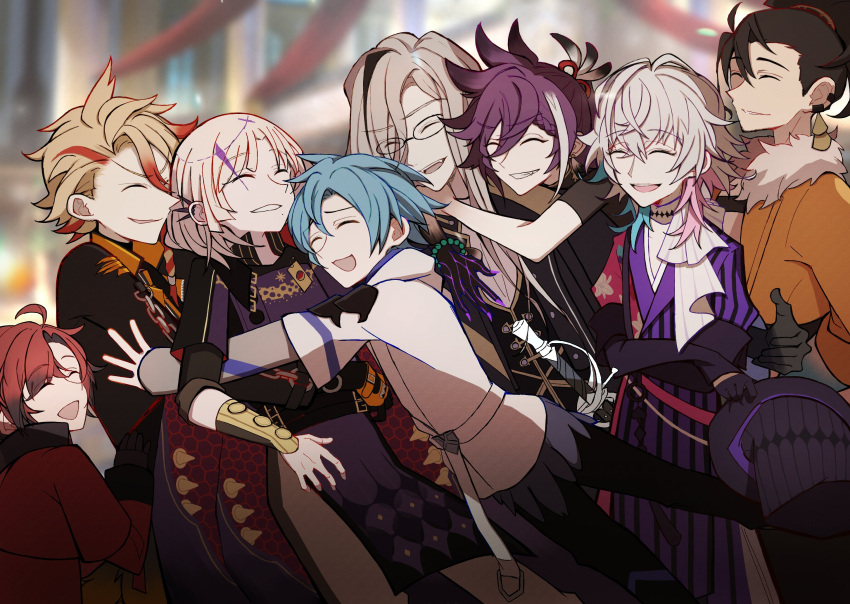 6+boys ahoge artist_request axel_syrios banzoin_hakka black_gloves black_hair black_jacket black_pants blonde_hair blue_hair blurry blurry_background braid closed_eyes colored_skin ear_piercing earrings feather_hair_ornament feathers fur-trimmed_jacket fur_trim gavis_bettel glasses gloves grey_hair group_hug hair_between_eyes hair_ornament hat highres holding holding_clothes holding_hat holostars holostars_english holotempus hood hoodie hug jacket jewelry josuiji_shinri long_hair long_sleeves machina_x_flayon magni_dezmond male_focus medium_hair mole mole_under_mouth multicolored_clothes multicolored_hair multicolored_jacket multicolored_skin multiple_boys noir_vesper noir_vesper_(old_design) open_clothes open_jacket open_mouth orange_jacket pants piercing pink_hair ponytail purple_hair red_hair red_jacket regis_altare scarf short_hair side_braid smile streaked_hair teeth unworn_hat unworn_headwear virtual_youtuber white_hair white_hoodie white_scarf