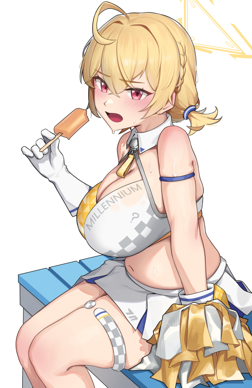 1girl ahoge bare_shoulders blonde_hair blue_archive blush breasts cheerleader cleavage collar commentary_request crop_top detached_collar food gloves halo highres holding holding_food holding_pom_poms holding_popsicle kotori_(blue_archive) kotori_(cheer_squad)_(blue_archive) large_breasts looking_at_viewer millennium_cheerleader_outfit_(blue_archive) miniskirt muffin_top navel official_alternate_costume open_mouth partial_commentary pleated_skirt pom_pom_(cheerleading) popsicle red_eyes short_hair short_twintails simple_background sitting skirt solo stomach sweat thigh_strap triangle_halo twintails white_background white_collar white_gloves white_skirt yellow_halo yzr_(yzr99)