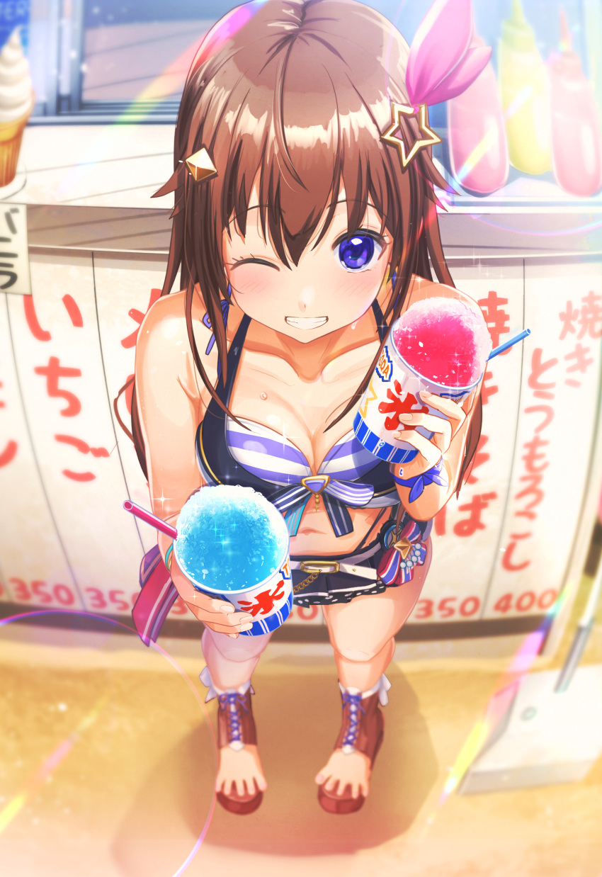 1girl absurdres aiuabo armpit_crease bikini blue_eyes blurry blurry_background blush bow breasts brown_footwear brown_hair cleavage collarbone day depth_of_field feet food hair_ornament hands_up highres holding hololive hololive_summer_2023_swimsuit lens_flare looking_at_viewer medium_breasts multicolored_bikini multicolored_clothes navel one_eye_closed outdoors ribbon sand shaved_ice smile solo spread_toes star_(symbol) star_hair_ornament striped striped_bikini striped_bow striped_ribbon swimsuit teeth thighs toeless_footwear toes tokino_sora virtual_youtuber