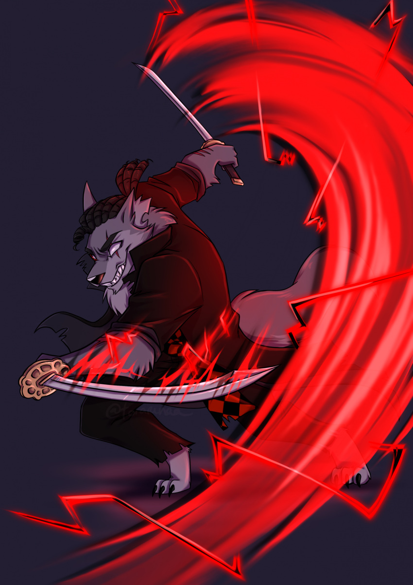 anthro barefoot canid canid_demon clothing demon dreadlocks energy eye_scar facial_scar fan_character fangs feet hellhound helluva_boss hi_res jacket katana lauriyaoi male mammal melee_weapon notched_ear red_eyes sash scar scared solo sword tatakae(zylo24) teeth topwear weapon