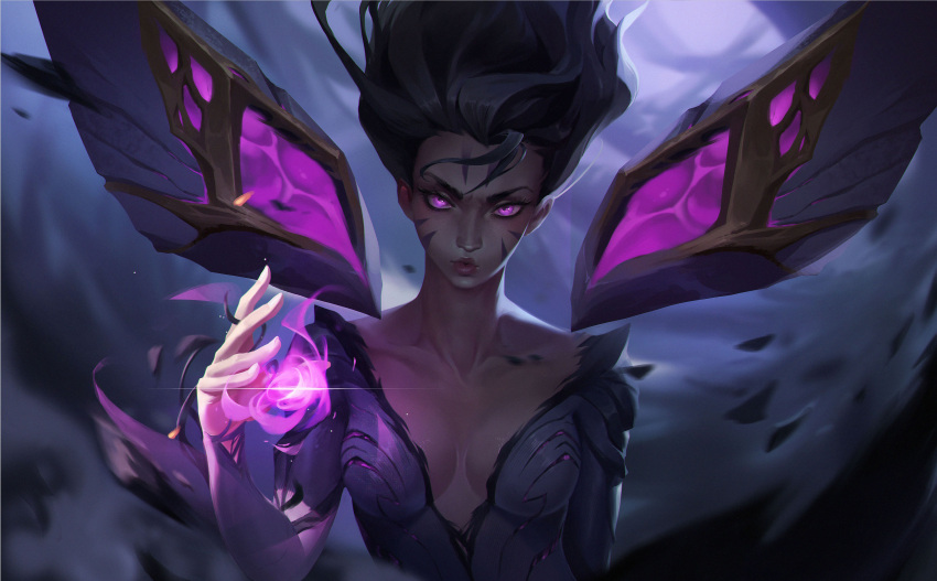 1girl absurdres armor blurry blurry_background bodysuit breasts charging_forward cleavage detached_wings facial_mark facial_tattoo floating_hair forehead_mark forehead_tattoo highres incoming_attack kai'sa league_of_legends long_hair looking_at_viewer medium_breasts outdoors parted_lips plunging_neckline purple_bodysuit purple_eyes purple_hair serious shadow shoulder_armor skin_tight solo tattoo underground upper_body v-shaped_eyebrows whiskers wind wings zachary_liao