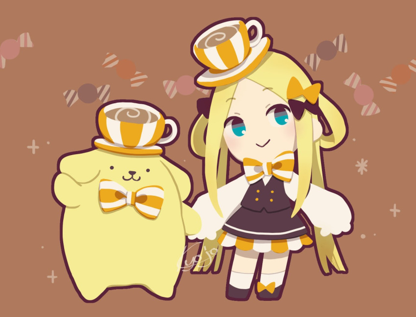 1girl :3 abigail_williams_(fate) alternate_costume black_bow blonde_hair blue_eyes blush bow bowtie candy chibi crossover cup cup_on_head dog dress fate/grand_order fate_(series) food full_body hair_bow hair_rings kyojo128 looking_at_viewer multiple_hair_bows orange_bow pompompurin sanrio sleeves_past_fingers sleeves_past_wrists smile teacup