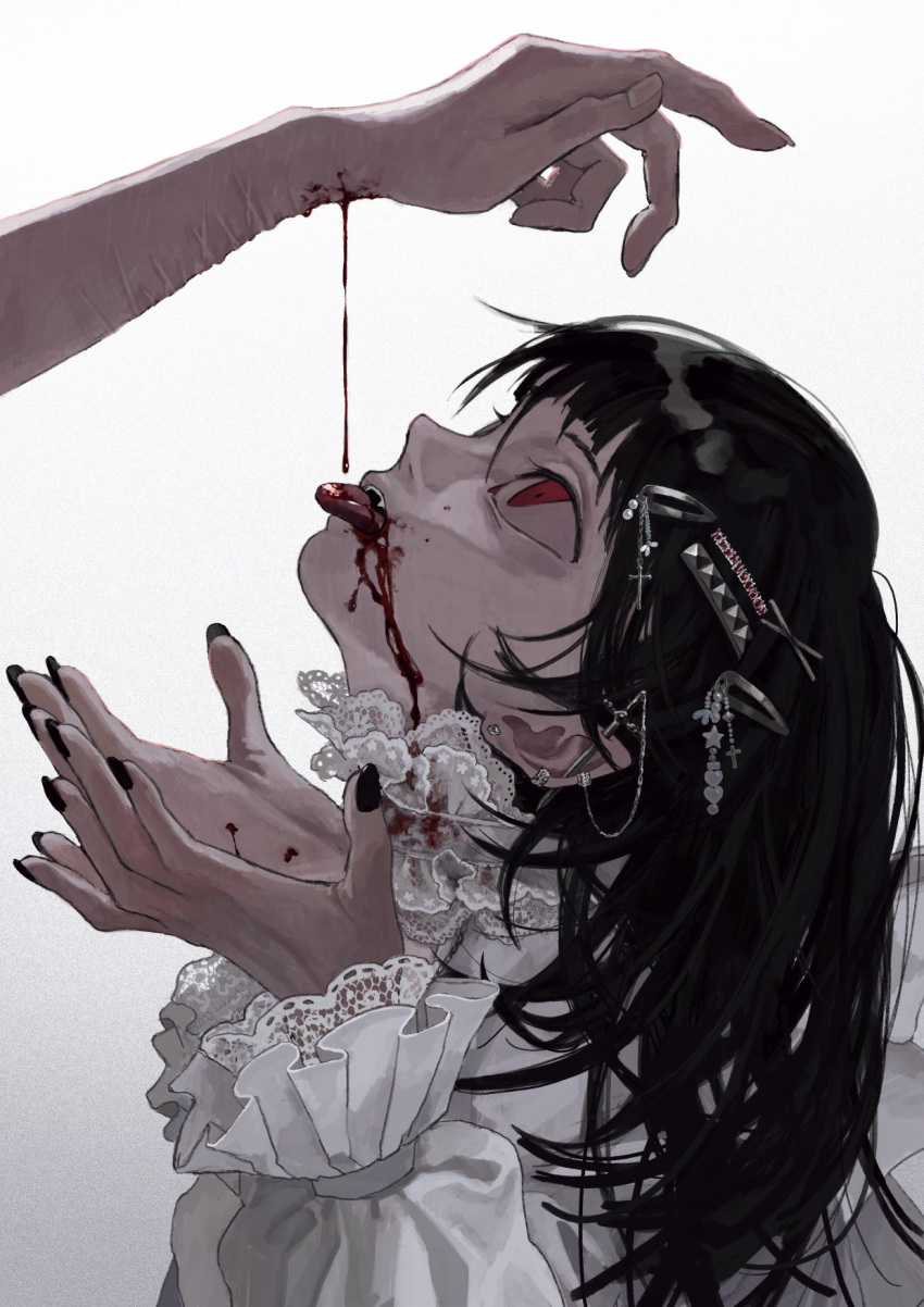1girl 1other black_hair black_nails bleeding blood blood_on_clothes blood_on_face blood_on_hands choker cross_hair_ornament dress drinking_blood dripping ear_piercing earrings end80236189 fangs frilled_sleeves frills gradient_background hair_ornament hairclip highres industrial_piercing injury jewelry lace-trimmed_choker lace_trim long_hair nail_polish open_mouth original out_of_frame piercing pointy_ears red_eyes scar scar_on_arm solo_focus star_(symbol) star_hair_ornament stud_earrings sword teeth tongue tongue_out upper_body weapon white_choker white_dress wrist_cutting x_hair_ornament