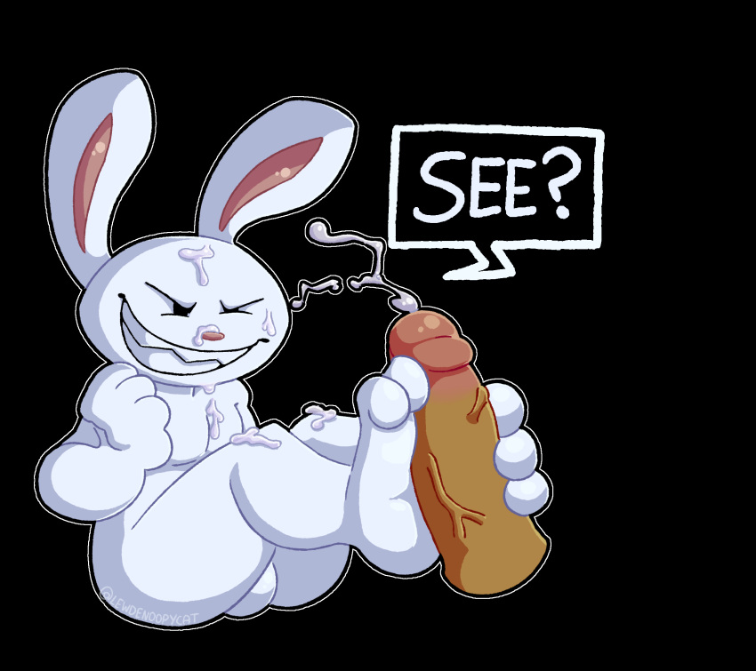 anthro black_background bodily_fluids cum cum_on_chest cum_on_face duo english_text enoopycat feet foot_fetish foot_play footjob fur genital_fluids hi_res humanoid_genitalia lagomorph leporid male male/male mammal max_(sam_and_max) one_eye_closed rabbit sam_and_max sex sharp_teeth simple_background sitting teeth text white_body white_fur