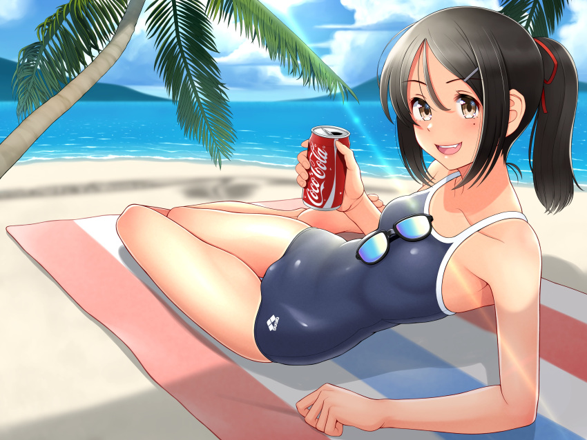 1girl absurdres arena_(company) beach black_hair black_one-piece_swimsuit blue_sky brown_eyes can cloud coca-cola commentary_request competition_school_swimsuit day eyewear_removed hair_strand highres horizon long_hair lying medium_hair mountainous_horizon ocean on_side one-piece_swimsuit original outdoors palm_tree parted_bangs ponytail school_swimsuit sky soda_can solo swimsuit tree tussy