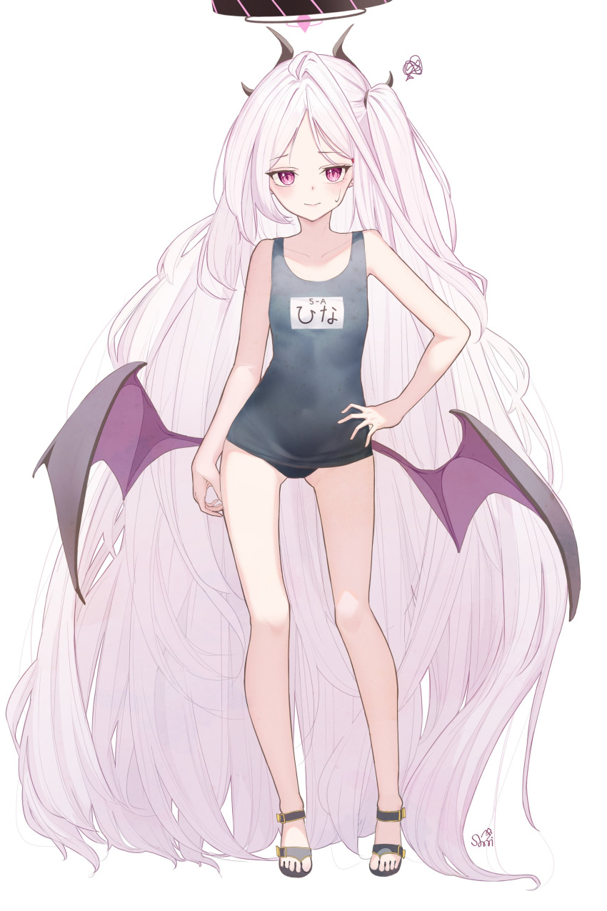 1girl absurdres bat_wings blue_archive breasts demon_horns halo highres hina_(blue_archive) horns long_hair low_wings one-piece_swimsuit purple_eyes school_swimsuit simple_background small_breasts steam steaming_body swimsuit tachibana_shiori_(suica_112) very_long_hair white_background white_hair wings