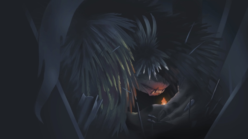 ambiguous_gender anthro black_body black_feathers clawed_fingers drawfee drawfee_(copyright) fangs feathers fire hi_res howl's_moving_castle howl_(hmc) julia_lepetit monster sharp_teeth snout solo teeth