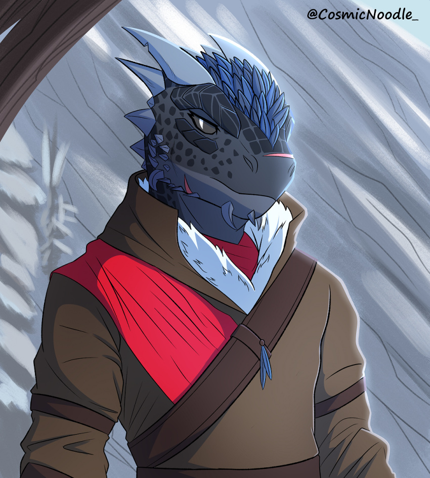 anthro argonian bethesda_softworks black_body black_markings black_scales cheek_spikes chipped_horn clothed clothing cosmic_noodle digital_media_(artwork) facial_spikes feather_hair feathers hi_res horn looking_at_viewer male markings pseudo_hair reptile robe scales scalie scar simple_background solo spikes spikes_(anatomy) the_elder_scrolls topwear winter