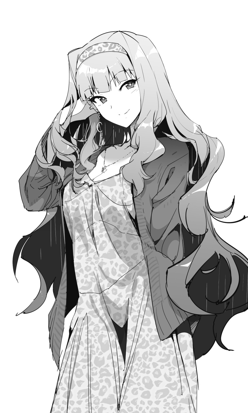 1girl absurdres breasts cardigan cheetah_print cleavage collarbone dress greyscale hand_in_own_hair head_tilt highres idolmaster idolmaster_(classic) jewelry long_hair medium_breasts midnamana monochrome necklace open_cardigan open_clothes print_dress print_hairband shijou_takane simple_background smile solo very_long_hair white_background