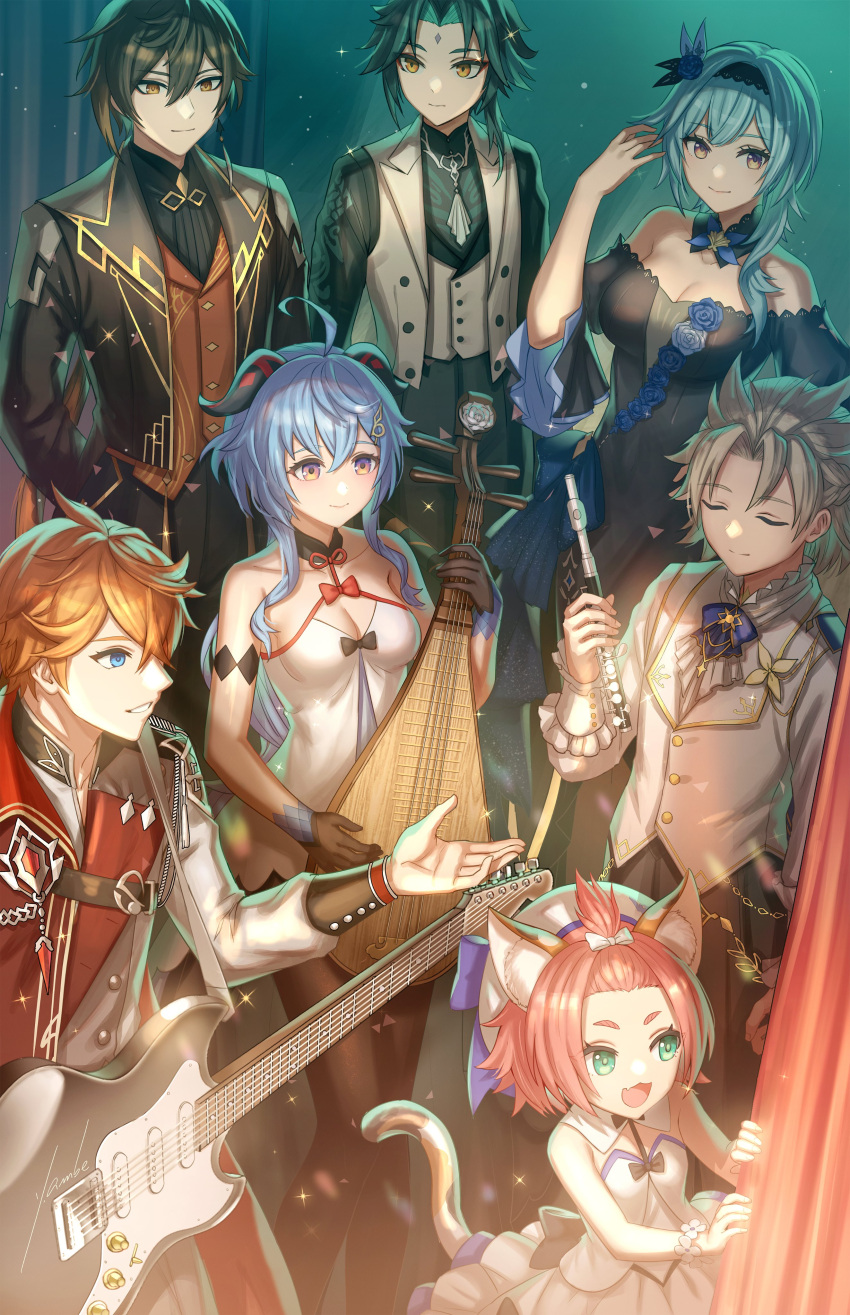 3girls 4boys absurdres ahoge albedo_(genshin_concert)_(genshin_impact) anbe_yoshirou bangs_pinned_back bare_shoulders bass_drum bass_guitar black_pantyhose blue_eyes blue_flower blue_hair blue_rose bow breasts brown_coat brown_vest cleavage closed_eyes coat diona_(genshin_concert)_(genshin_impact) dress dress_flower electric_guitar eula_(genshin_concert)_(genshin_impact) flower flower_ornament flute ganyu_(genshin_concert)_(genshin_impact) ganyu_(genshin_impact) genshin_impact gradient_eyes green_hair guitar highres holding holding_flute holding_instrument horns instrument jacket lace-trimmed_dress lace_trim light_smile long_hair looking_at_another looking_at_viewer looking_to_the_side medium_breasts multicolored_eyes multiple_boys multiple_girls off-shoulder_dress off_shoulder official_alternate_costume open_mouth orange_hair pantyhose parted_lips piccolo_(instrument) pipa_(instrument) purple_eyes rose short_hair smile standing tartaglia_(genshin_concert)_(genshin_impact) tassel vest white_vest xiao_(genshin_concert)_(genshin_impact) yellow_eyes zhongli_(genshin_concert)_(genshin_impact)