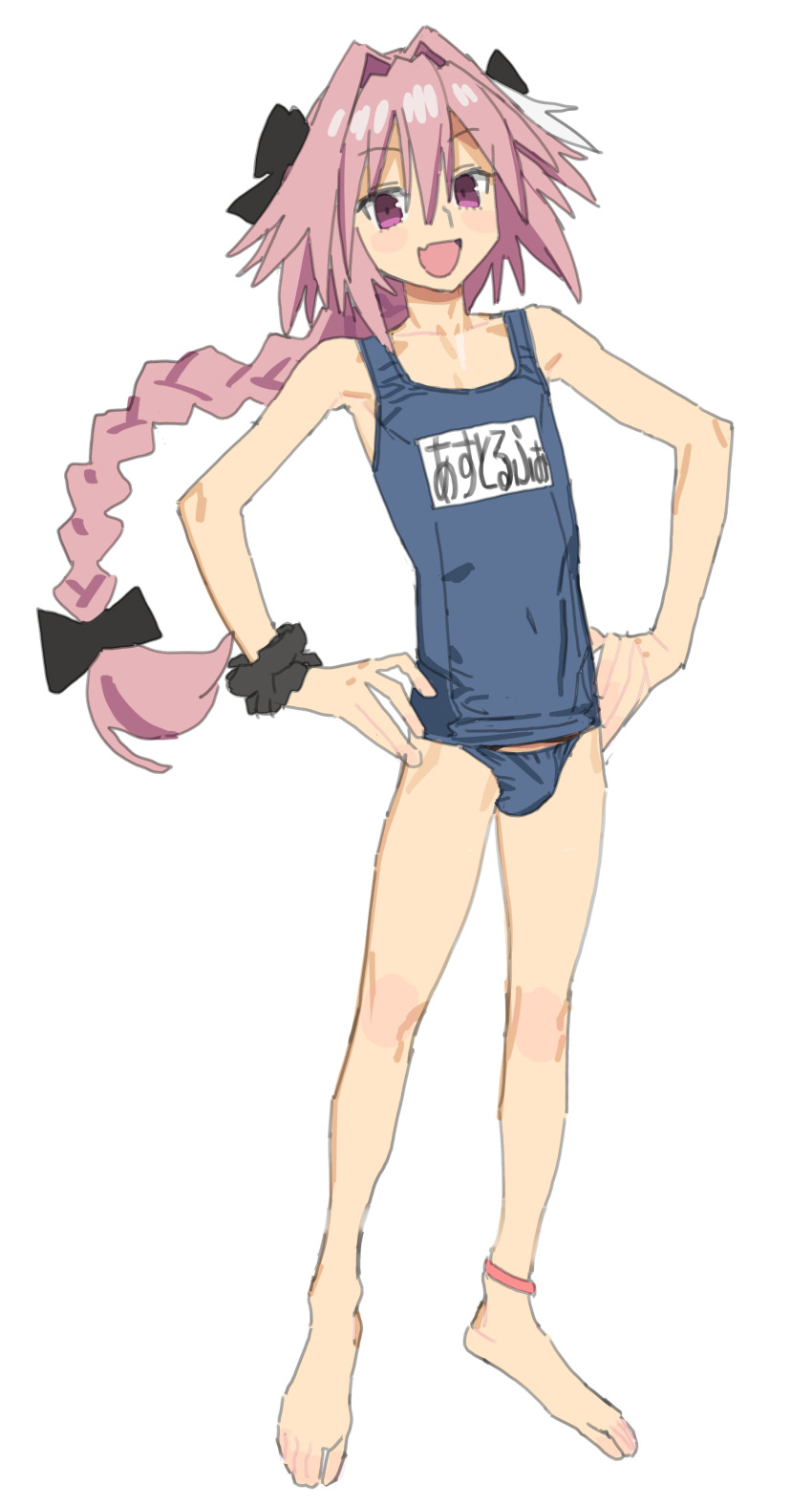 1boy :d absurdres astolfo_(fate) bare_arms bare_legs bare_shoulders barefoot black_bow blue_one-piece_swimsuit blush_stickers bow braid bulge character_name collarbone fang fate/apocrypha fate_(series) full_body hair_between_eyes hair_bow hands_on_own_hips highres imamura_ryou long_braid long_hair looking_at_viewer male_focus multicolored_hair name_tag old_school_swimsuit one-piece_swimsuit open_mouth otoko_no_ko pink_hair purple_eyes revision school_swimsuit school_swimsuit_flap scrunchie simple_background single_braid sketch skin_fang smile solo standing streaked_hair swimsuit two-tone_hair very_long_hair white_background white_hair wrist_scrunchie