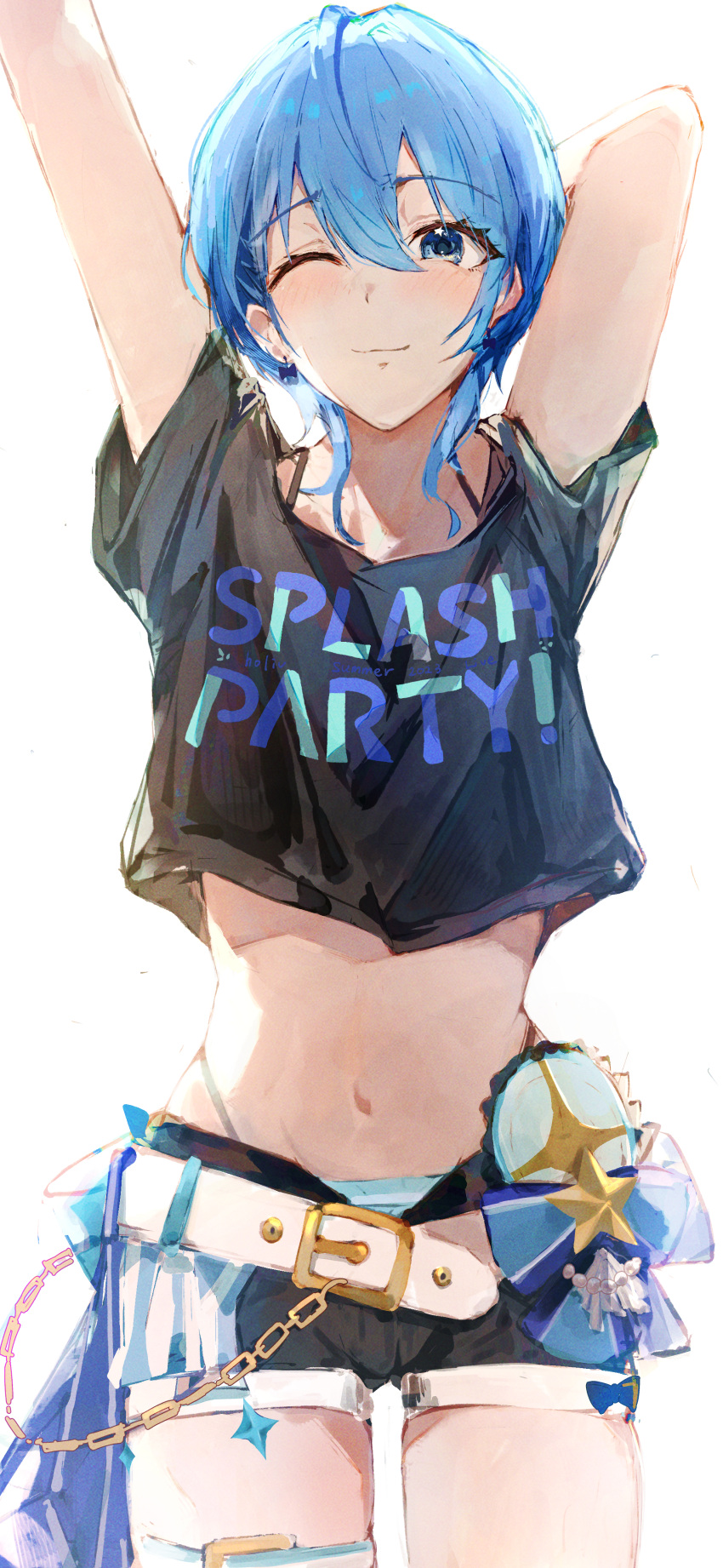 1girl absurdres arm_behind_head arms_up belt bikini_under_shorts black_shirt blue_eyes blue_hair chain closed_mouth highres hololive hololive_summer_2023_swimsuit hoshimachi_suisei official_alternate_costume official_alternate_hair_length official_alternate_hairstyle one_eye_closed open_fly outstretched_arm print_shirt shirt short_hair short_shorts shorts simple_background solo star_(symbol) star_in_eye symbol_in_eye virgo76612871 virtual_youtuber white_background white_belt