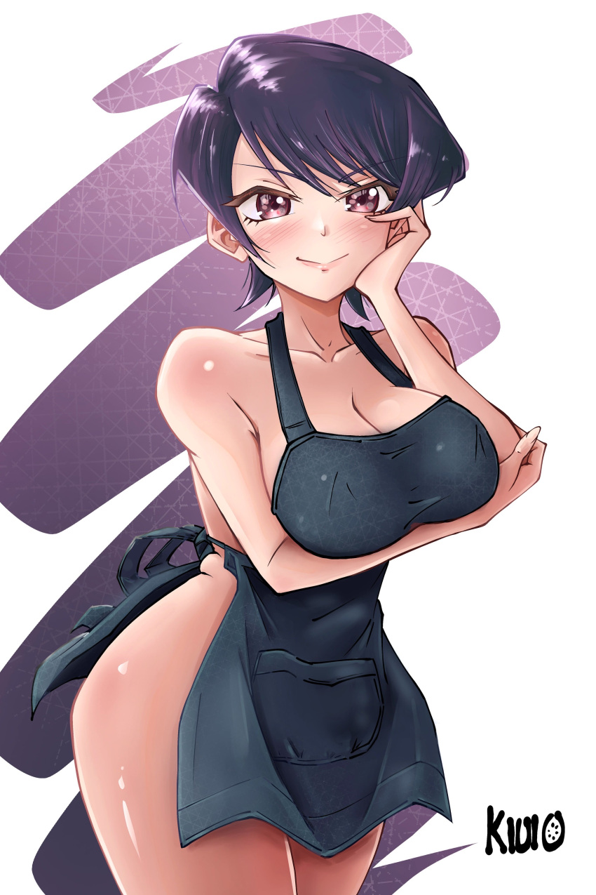 1girl absurdres apron arm_under_breasts artist_request black_apron blush breasts cleavage full_body highres komi-san_wa_komyushou_desu komi_shuuko large_breasts looking_at_viewer medium_hair naked_apron non-web_source purple_eyes purple_hair shiny_skin smile solo source_request standing