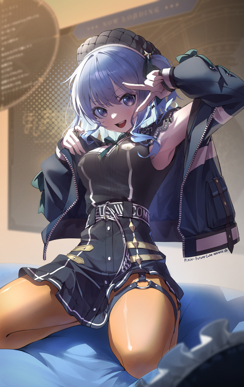 1girl absurdres beret black_dress black_headwear blue_eyes blue_hair blue_jacket bow bow_earrings breasts commentary_request dress earrings future_cake garter_straps green_ribbon hair_between_eyes hat highres hololive hoshimachi_suisei hoshimachi_suisei_(3rd_costume) indoors jacket jewelry kneeling korean_commentary lace-trimmed_sleeves lace_trim light_blush long_hair long_sleeves looking_at_viewer medium_breasts neck_ribbon o-ring o-ring_thigh_strap official_alternate_costume official_alternate_hair_length official_alternate_hairstyle on_bed one_side_up open_clothes open_jacket open_mouth orange_pantyhose pantyhose pixiv_username ribbon ring short_dress short_sleeves single_garter_strap smile solo star_(symbol) star_in_eye symbol_in_eye teeth thigh_strap two-sided_fabric two-sided_jacket upper_teeth_only v_over_eye virtual_youtuber