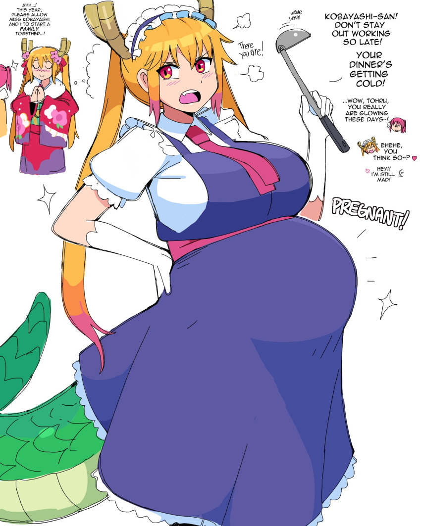 animal_humanoid belly big_belly blonde_hair blush blush_lines clothing dialogue dragon dragon_humanoid duo eyes_closed female hair hi_res horn horned_humanoid human humanoid imagination kitchen_utensils kobayashi_(dragon_maid) ladle lewdlemage maid_headdress maid_uniform mammal miss_kobayashi's_dragon_maid open_mouth pink_hair praying pregnant pregnant_female red_eyes simple_background smile sound_effects standing tail teeth text thought_bubble tohru_(dragon_maid) tools uniform