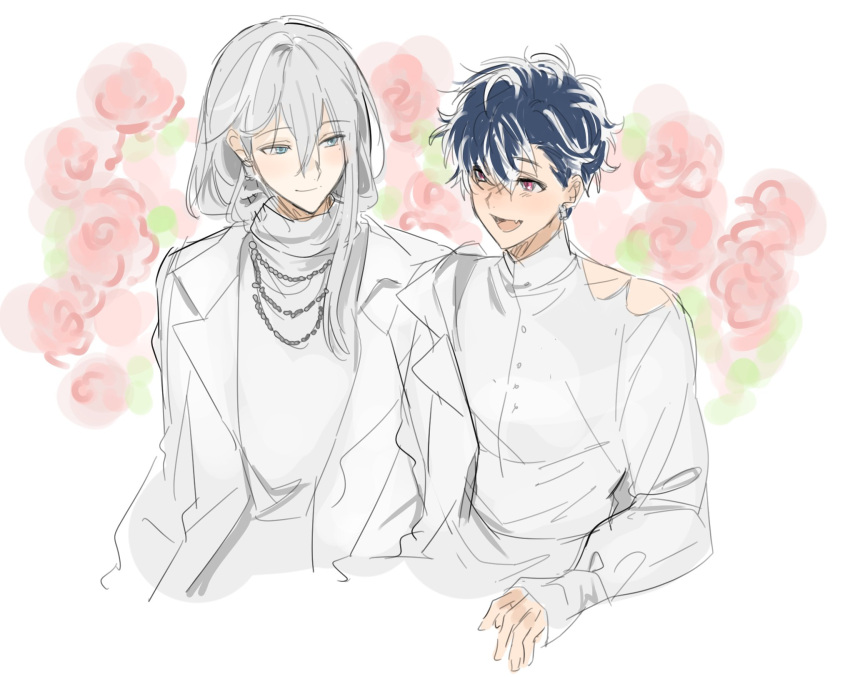 2boys black_hair blue_eyes earrings floral_background flower grey_background grey_hair highres idolish7 jacket jewelry long_hair long_sleeves male_focus momo_(idolish7) multicolored_hair multiple_boys necklace pink_eyes pink_flower re:vale shirt short_hair sketch turtleneck wata_uu white_hair white_jacket white_shirt yuki_(idolish7)