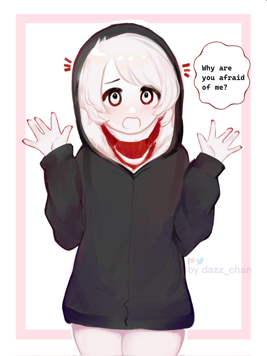 1girl ai-generated_art_(topic) artist_name black_hood black_hoodie blush colored_skin creepypasta dazz_chan english_text hands_up highres hood hoodie jeff_the_kill_(ai-gen) looking_at_viewer solo speech_bubble white_background white_eyes white_skin