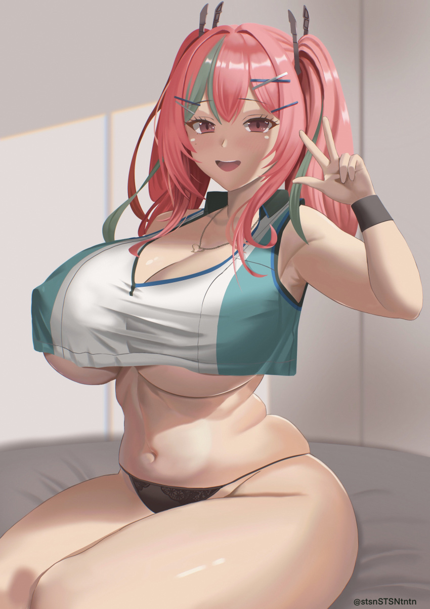 1girl absurdres armpit_peek azur_lane bed_sheet black_panties black_wristband breasts bremerton_(azur_lane) bremerton_(scorching-hot_training)_(azur_lane) brown_eyes chromatic_aberration cleavage collarbone collared_shirt covered_nipples crop_top crop_top_overhang curvy green_hair green_shirt groin hair_intakes hair_ornament hairclip heart heart_in_eye heart_necklace highres huge_breasts jewelry lace-trimmed_panties lace_trim legs_together light_blush looking_at_viewer mole mole_under_eye multicolored_hair navel necklace no_pants official_alternate_costume open_mouth panties pink_hair plump shirt sitting sleeveless sleeveless_shirt smile solo sportswear stomach streaked_hair suteshin symbol_in_eye teeth tennis_uniform thick_thighs thighs twintails twitter_username two-tone_hair two-tone_shirt underboob underwear w white_shirt x_hair_ornament