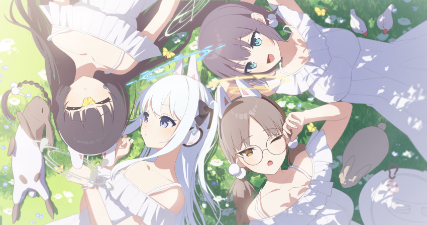 4girls absurdres animal_ears bird black_hair blue_archive breasts brown_hair bug butterfly closed_eyes collarbone dress fake_animal_ears grass halo highres kaerunrun looking_at_another lying medium_breasts miyako_(blue_archive) miyu_(blue_archive) moe_(blue_archive) multiple_girls off-shoulder_dress off_shoulder on_back pom_pom_(clothes) rabbit rabbit_ears rabbit_platoon_(blue_archive) saki_(blue_archive) white_dress