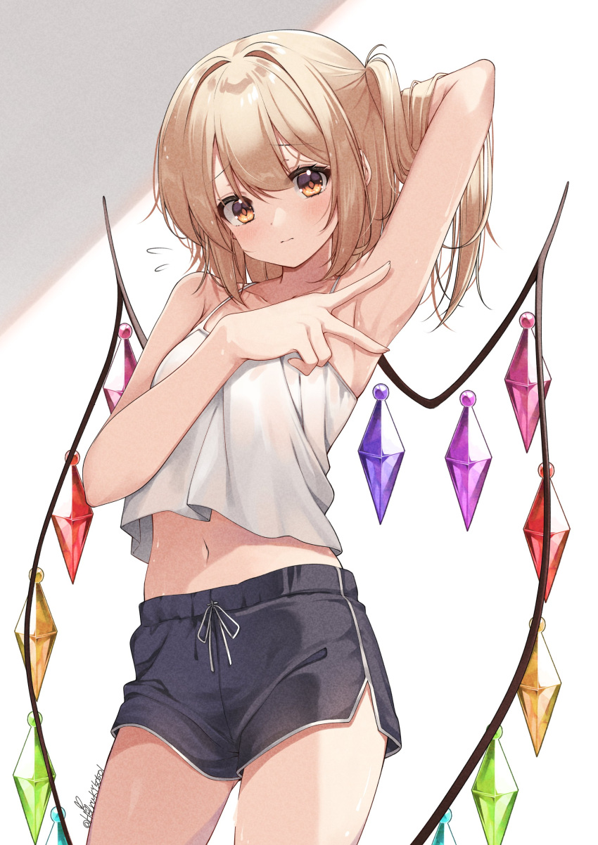 1girl absurdres armpits black_shorts blonde_hair blush camisole closed_mouth collarbone cowboy_shot crystal dolphin_shorts flandre_scarlet haruki_(colorful_macaron) highres long_hair looking_at_viewer one_side_up red_eyes shorts simple_background solo touhou white_background white_camisole wings