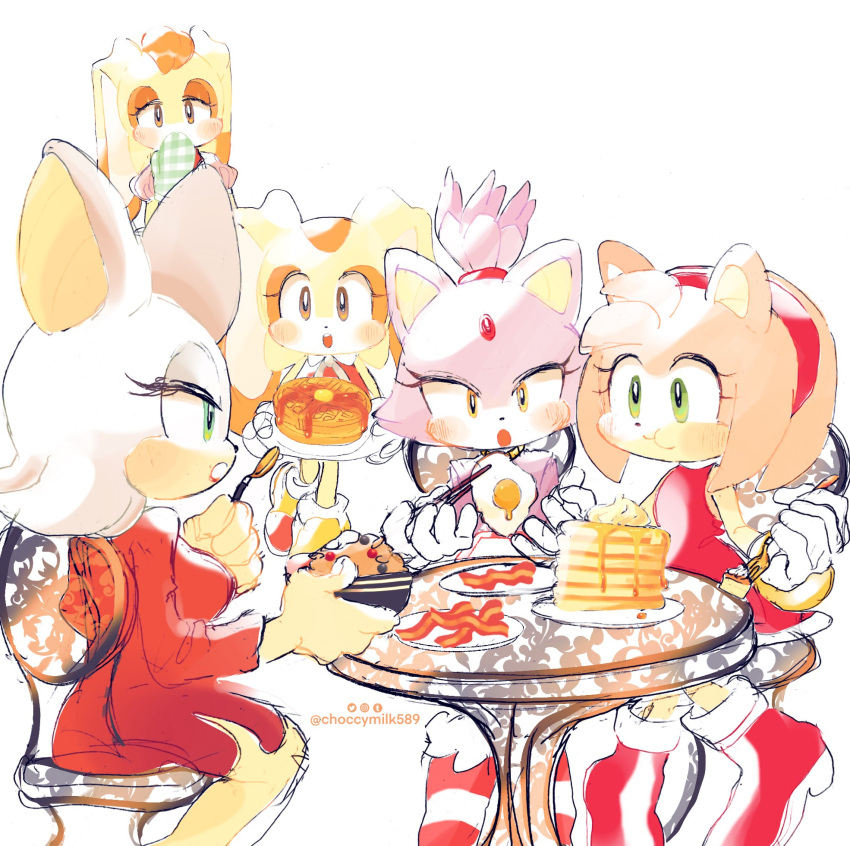 5girls amy_rose bacon bat_girl blaze_the_cat blush breakfast cat_girl chair choccymilk589 cream_the_rabbit dress eating egg_(food) food forehead_jewel gloves green_eyes highres multiple_girls pancake pancake_stack pink_fur purple_fur rabbit_girl red_dress red_footwear rouge_the_bat round_table sonic_(series) table vanilla_the_rabbit white_fur yellow_eyes