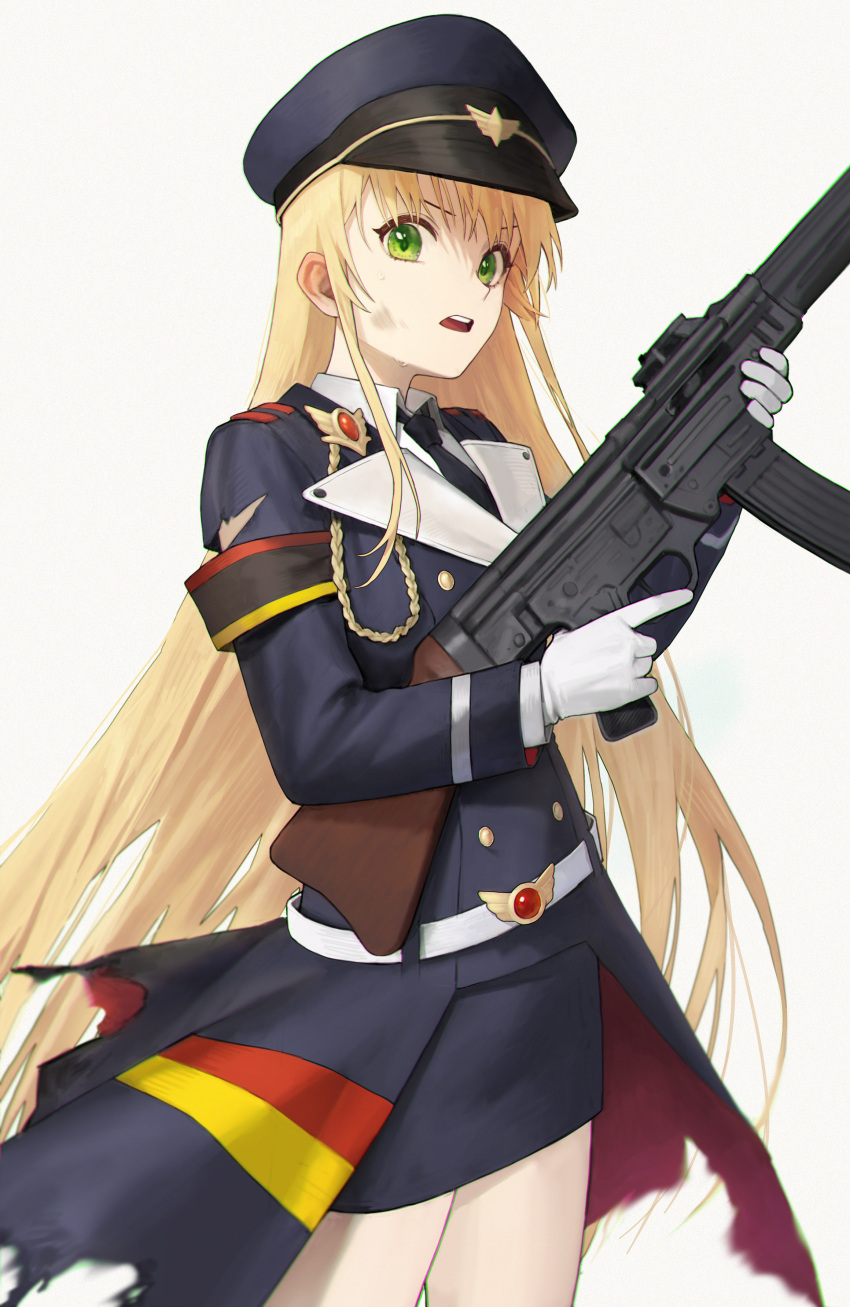 1girl absurdres assault_rifle black_headwear black_skirt blonde_hair collared_shirt commission cowboy_shot dirty dirty_face girls'_frontline gloves green_eyes gun hat highres holding holding_gun holding_weapon kir_(khw66136132) long_hair long_sleeves looking_at_viewer military military_hat military_uniform necktie open_mouth peaked_cap pixiv_commission rifle shirt simple_background skirt solo standing stg44 stg44_(girls'_frontline) sweat torn_clothes trigger_discipline uniform very_long_hair weapon white_gloves