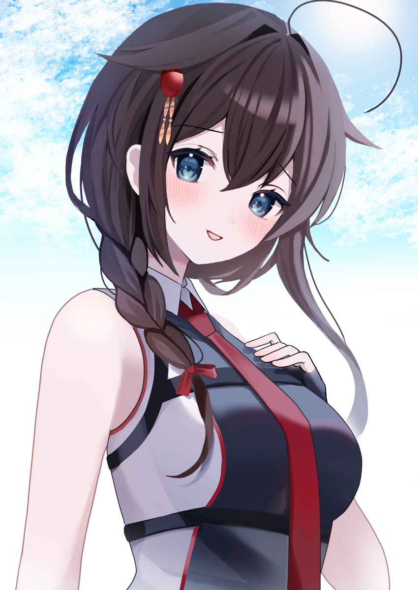 1girl :d absurdres ahoge black_gloves blue_eyes blush braid brown_hair fingerless_gloves from_side gloves hair_between_eyes hair_flaps hair_over_shoulder hand_on_own_chest head_tilt highres kantai_collection long_hair looking_at_viewer looking_to_the_side necktie red_necktie shigure_(kancolle) shigure_kai_san_(kancolle) single_braid sleeveless smile solo takemochi