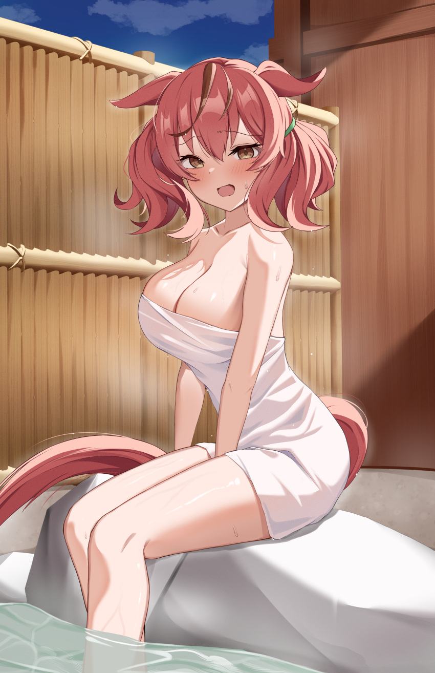 1girl absurdres alternate_costume animal_ears armpit_crease blush breasts brown_eyes cleavage commentary_request cowboy_shot ears_down feet_out_of_frame fence hair_between_eyes highres horse_ears horse_girl horse_tail large_breasts legs medium_hair multicolored_hair naked_towel newon nice_nature_(umamusume) on_rock onsen open_mouth outdoors partially_submerged red_hair rock sitting sitting_on_rock soaking_feet solo streaked_hair tail towel twintails umamusume water wooden_fence