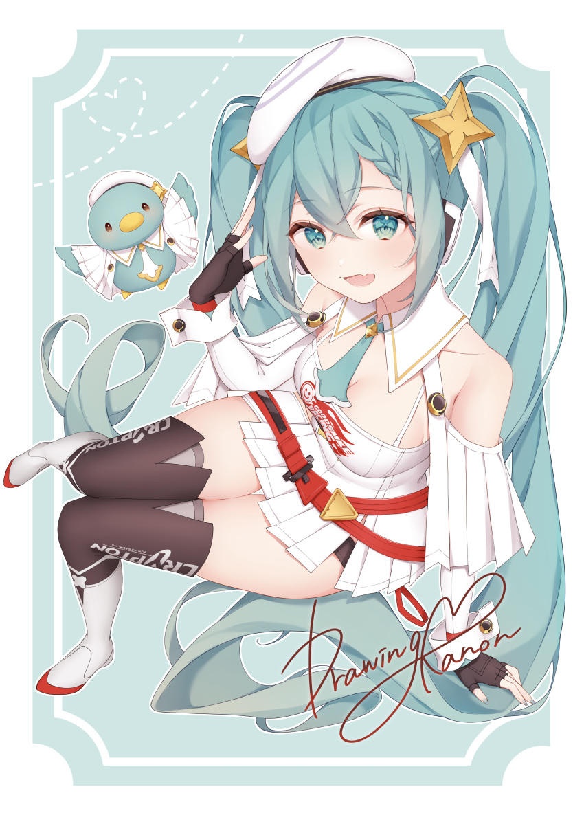 absurdly_long_hair absurdres aqua_eyes aqua_hair aqua_necktie bare_shoulders beret bird black_gloves boots braid braided_bangs breasts cleavage drawing_kanon fang fingerless_gloves from_above gloves goodsmile_racing hair_between_eyes hat hatsune_miku highres knees_together_feet_apart long_hair looking_at_viewer miku_day necktie open_mouth race_queen racing_miku racing_miku_(2023) signature skin_fang smile thigh_boots thigh_gap very_long_hair vocaloid zettai_ryouiki