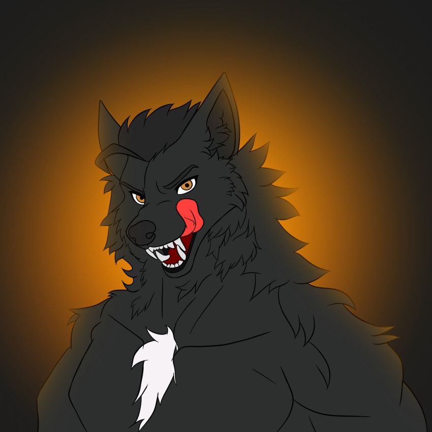 alexander_archipelago_wolf anthro bared_teeth black_body black_fur black_nose canid canine canine_ears canis evil_grin eyebrows fur hi_res icon kubrick_stare male malendraco_azrael mammal open_mouth orange_eyes sharp_teeth slightly_muscular smile solo teeth teeth_showing tongue tongue_out unknown_artist were werecanid werecanine werewolf wolf