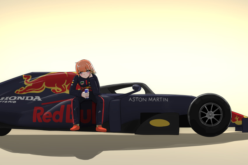 1girl aston_martin black_jumpsuit blush can car colored_tips country_connection formula_one formula_racer green_hair hand_on_own_neck highres holding holding_can hololive honda jumpsuit logo looking_to_the_side motor_vehicle multicolored_hair n13 orange_hair purple_eyes race_vehicle racecar racing_suit red_bull red_footwear shadow shoes sitting solo takanashi_kiara vehicle_focus virtual_youtuber yellow_background