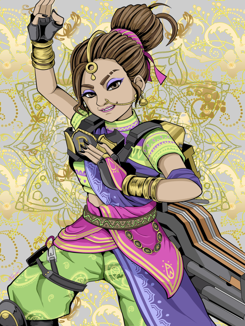 apex_legends belt black_nails brown_eyes brown_hair cropped_shirt dark-skinned_female dark_skin earrings eyebrow_cut eyeshadow fingerless_gloves gloves hair_bun hair_ornament heritage_pride_rampart highres indian_clothes jewelry knee_pads looking_at_viewer makeup nose_piercing official_alternate_costume piercing purple_eyeshadow rampart_(apex_legends) sash sheila_(minigun) single_hair_bun smile tooth_gap