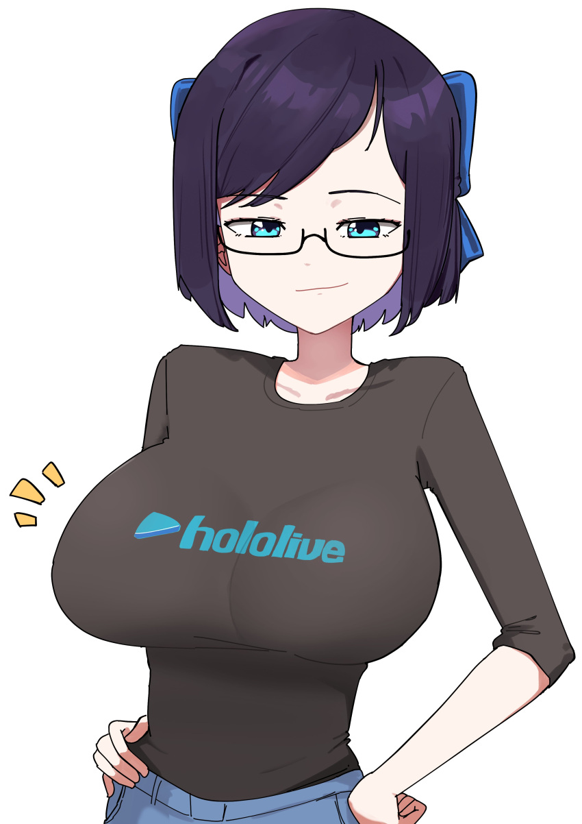 1girl a-chan_(hololive) absurdres alternate_breast_size april_fools black_hair black_shirt blue_bow blue_eyes blue_pants bow breasts collarbone copyright_name english_commentary feeq hair_bow half-closed_eyes hand_on_own_hip highres hololive impossible_clothes large_breasts looking_at_viewer pants shirt smile smirk smug solo upper_body virtual_youtuber white_background