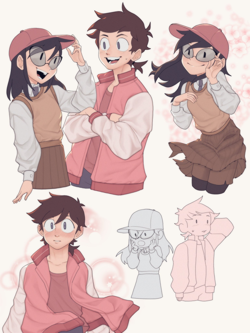 1boy 1girl :o aged_up black_hair black_thighhighs blush brown_skirt brown_vest collarbone cropped_torso crossed_arms glasses grey_jacket hands_on_own_cheeks hands_on_own_face highres jacket long_hair mrfishcorpse multicolored_clothes multicolored_jacket necktie open_clothes open_jacket pink_headwear pink_jacket pleated_skirt ponytail short_hair shorts shorts_under_skirt simple_background skirt smile teeth the_fairly_oddparents thighhighs timmy_turner tootie two-tone_jacket vest white_background