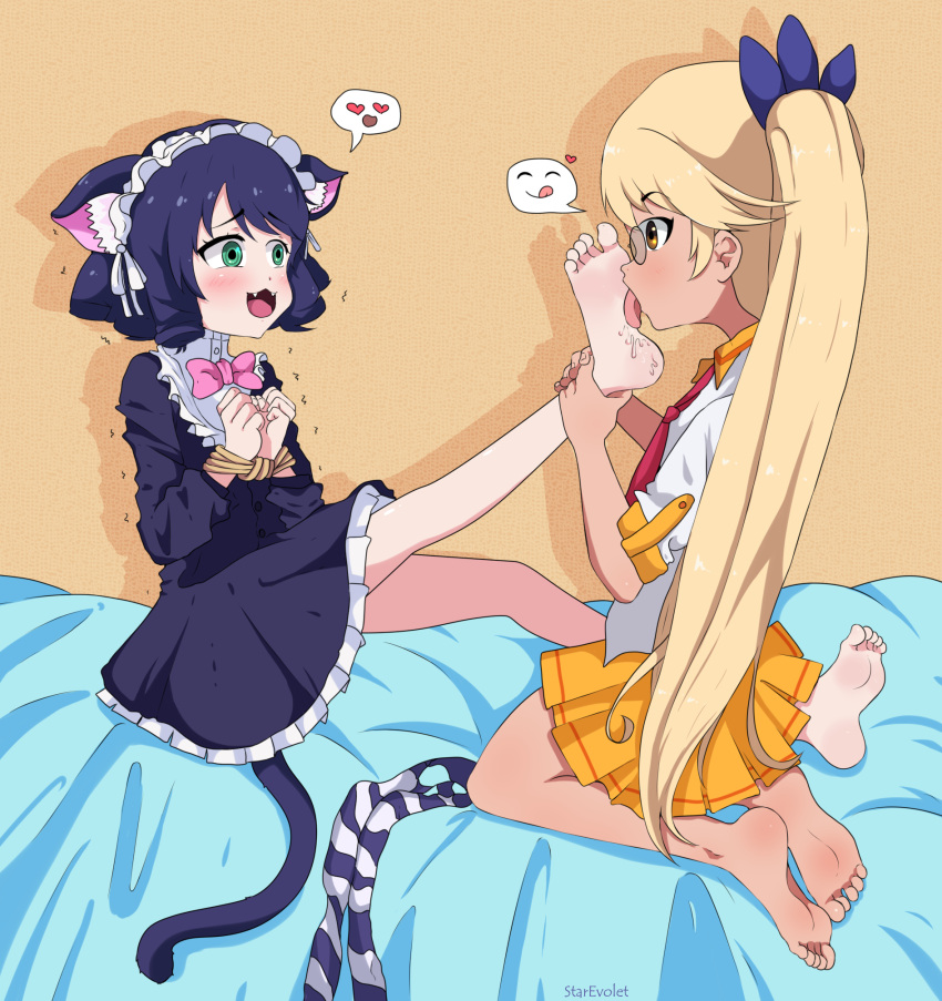 &lt;3 amber_eyes animal_humanoid barefoot bed black_hair blonde_hair blush bow_ribbon canid canid_humanoid canine canine_humanoid canis cat_humanoid cyan_hijirikawa dog_humanoid domestic_cat domestic_dog duo eyewear feet felid felid_humanoid feline feline_humanoid felis female female/female foot_fetish foot_lick foot_play furniture glasses goth gothic_lolita green_eyes hair hi_res humanoid licking lolita_(fashion) long_hair maid_headdress mammal mammal_humanoid nervous open_mouth retoree_(show_by_rock!!) sanrio short_hair show_by_rock!! starevolet tongue tongue_out tope twintails_(hairstyle)