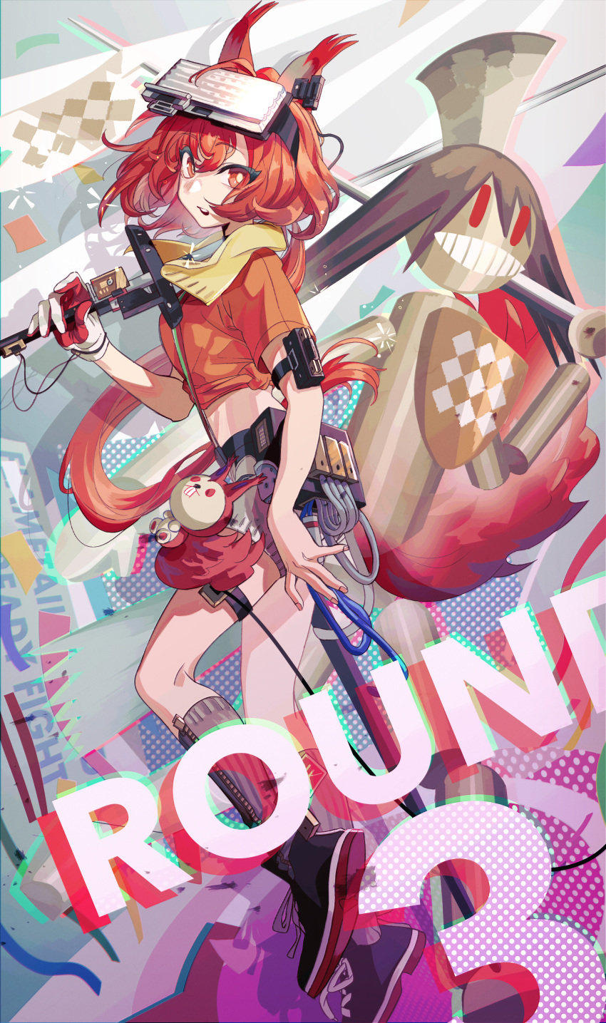 1girl absurdres animal_ears arknights flametail_(arknights) flametail_(sport_for_all)_(arknights) head-mounted_display highres low_ponytail matsuba_(mtbsbr721) orange_shirt over_shoulder red_eyes red_hair shirt shorts squirrel_ears squirrel_tail stuffed_squirrel sword sword_over_shoulder tail tied_shirt weapon weapon_over_shoulder wild_mane_(arknights)