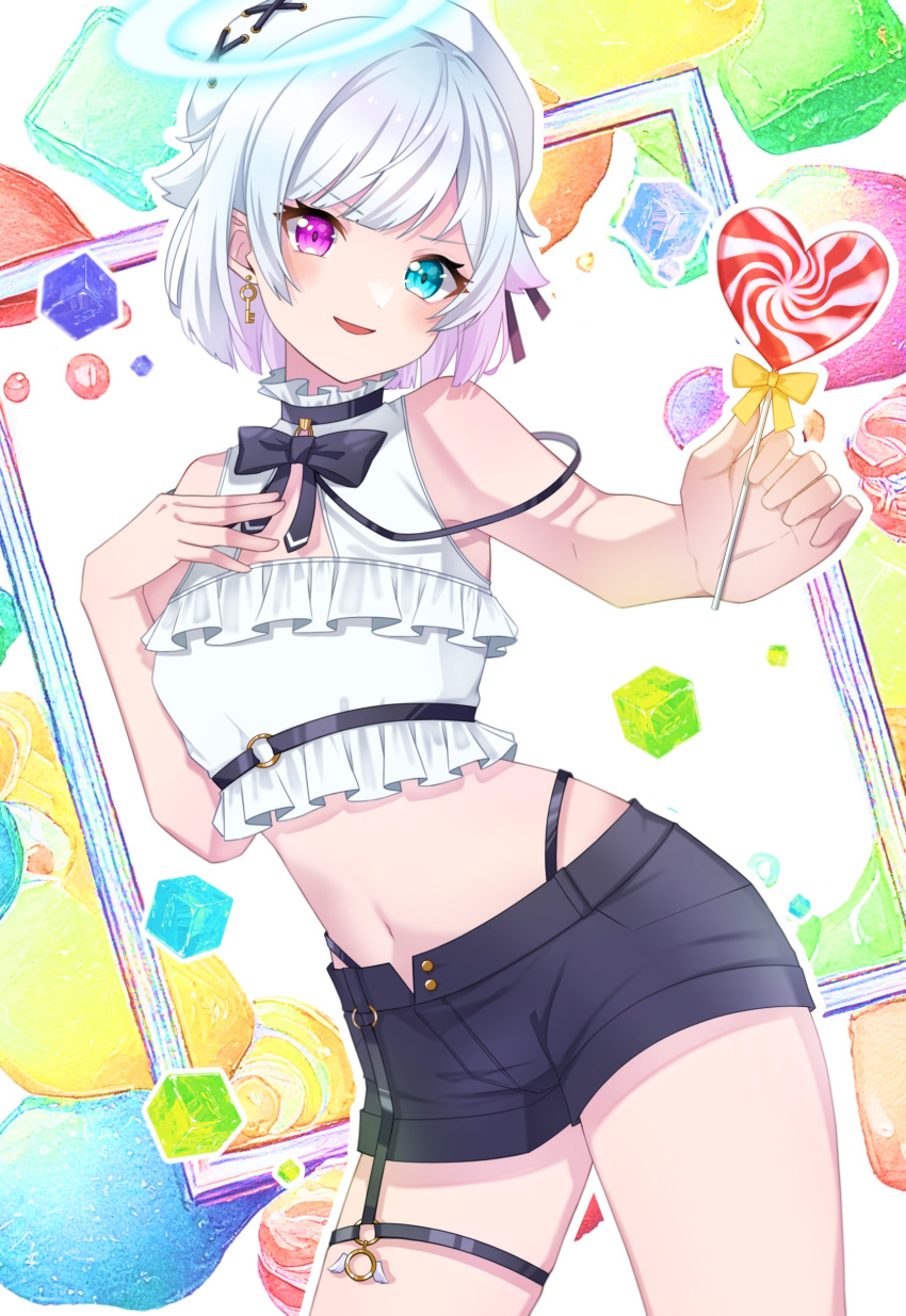 1girl absurdres amemiya_nazuna amemiya_nazuna_(1st_costume) beret black_panties black_ribbon black_shorts blue_eyes candy cleavage_cutout clothing_cutout cropped_shirt earrings flat_chest food frilled_shirt frills gold_earrings hat heterochromia highres holding holding_candy holding_food holding_lollipop iyotsuki11 jewelry lollipop looking_at_viewer midriff navel open_fly open_mouth panties panty_straps pink_eyes ribbon shirt short_hair short_shorts shorts single_earring smile thigh_strap unbuttoned underwear virtual_youtuber vshojo white_hair white_headwear