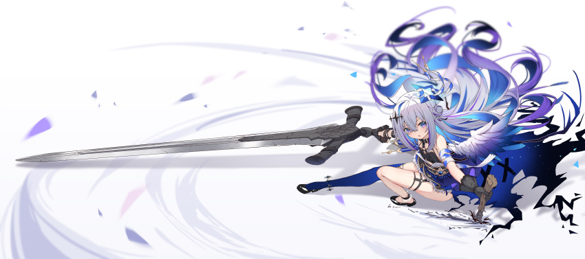 1girl absurdres amane_kanata amane_kanata_(another_world) arm_strap bandaged_arm bandages black_bra black_collar black_footwear black_gloves blue_eyes blue_hair blue_thighhighs bra chest_harness collar colored_inner_hair feathered_wings full_body gloves grey_hair hair_between_eyes hair_bun halo halo_ornament harness heart_o-ring high_heels highres holding holding_sword holding_weapon hololive juu_p lace-trimmed_bra lace_trim layered_skirt long_hair looking_at_viewer miniskirt multicolored_hair o-ring o-ring_thigh_strap o-ring_top official_alternate_costume open_mouth outstretched_leg purple_eyes purple_hair sidelocks single_thighhigh skindentation skirt solo squatting star_halo streaked_hair sword thigh_strap thighhighs thighs underwear very_long_hair virtual_youtuber weapon white_background white_wings wings