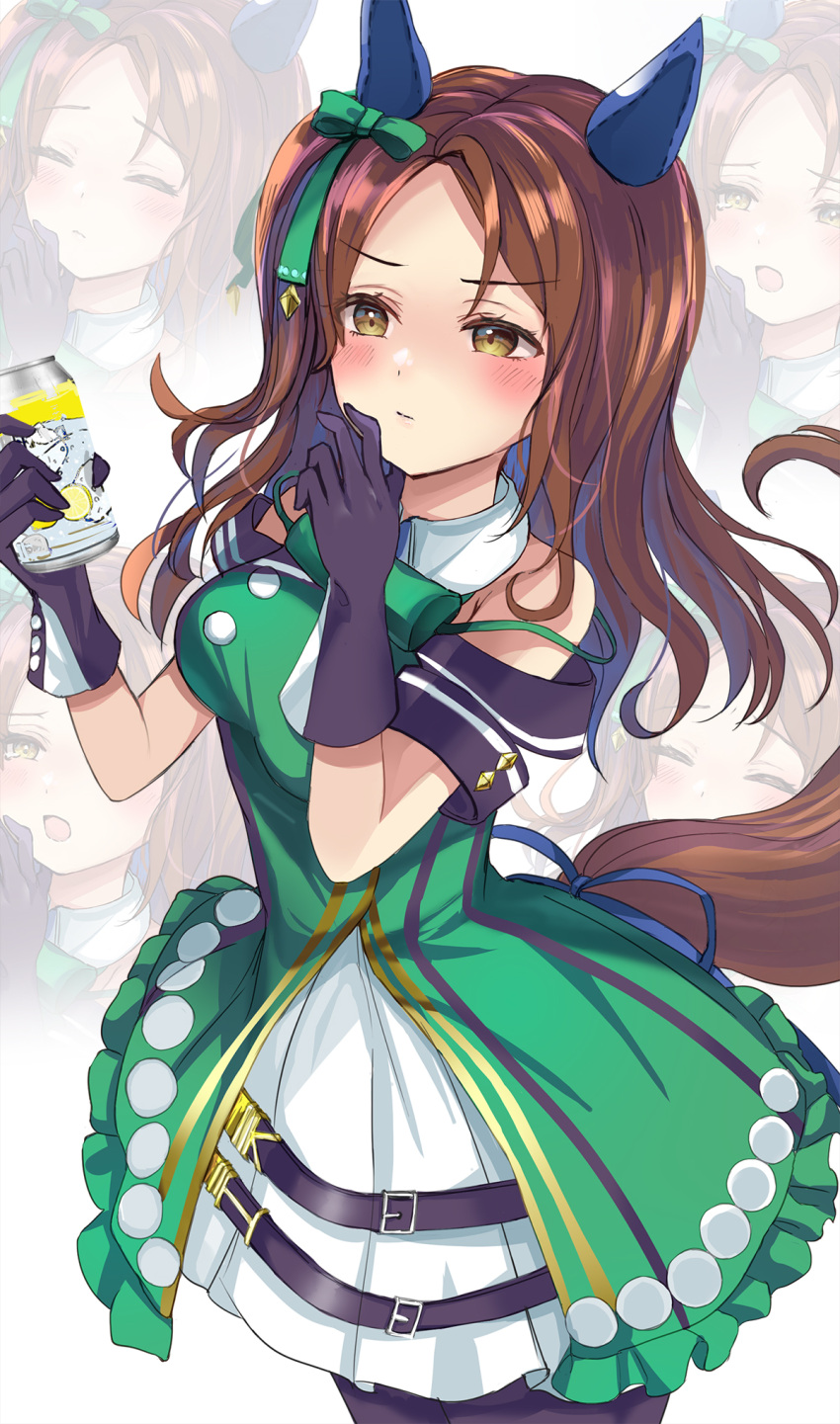 1girl animal_ears bare_shoulders black_gloves blush bow breasts brown_hair buttons can closed_mouth commentary_request double-breasted dress ear_bow ear_covers gloves green_bow green_dress hanamura_pink highres holding holding_can horse_ears horse_girl horse_tail king_halo_(umamusume) medium_breasts multiple_views off-shoulder_dress off_shoulder solo tail umamusume yellow_eyes zoom_layer