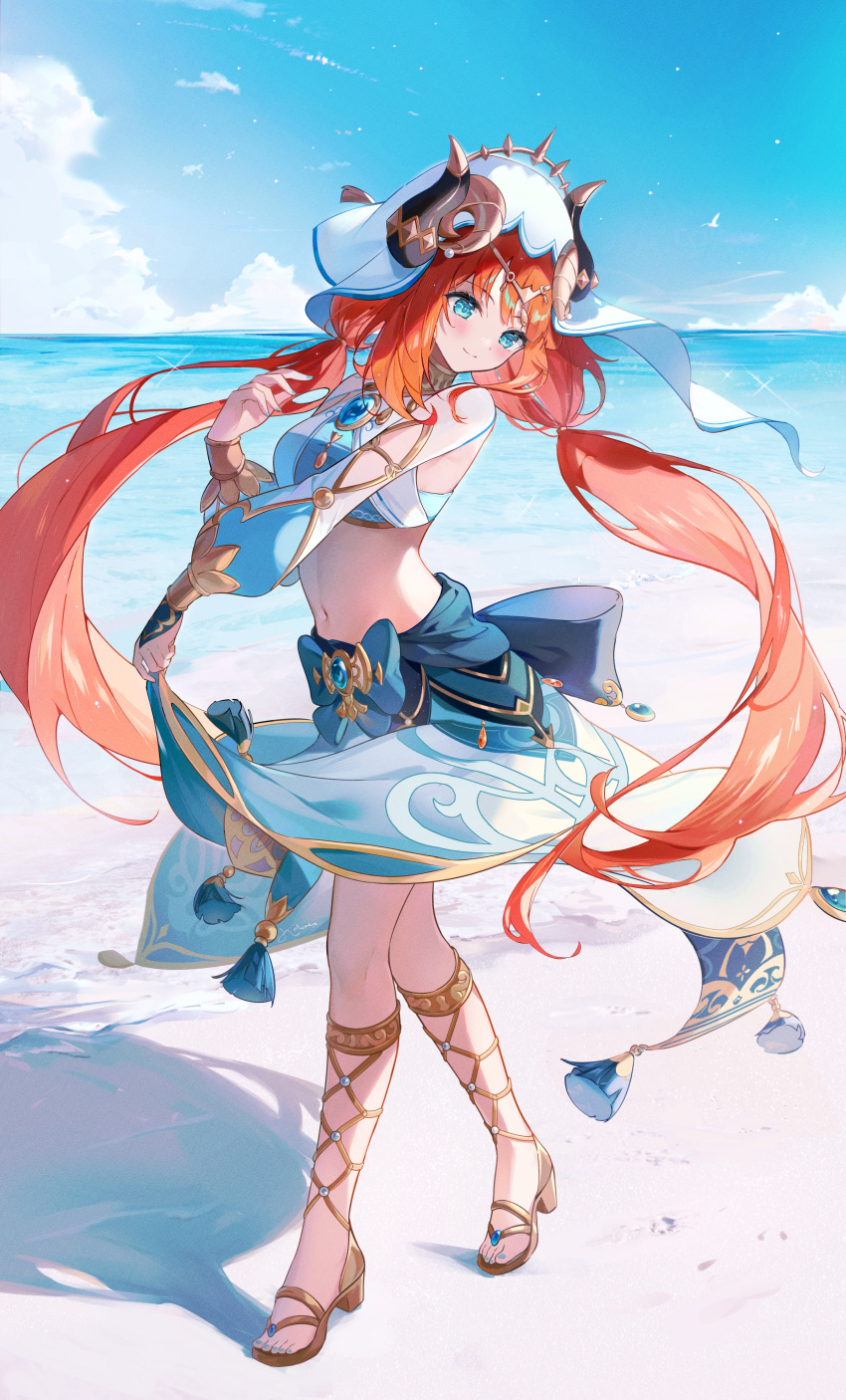 1girl absurdres beach blue_bow blue_eyes blue_gemstone blue_nails blue_skirt blue_sky blush bow bridal_gauntlets circlet closed_mouth cloud commentary crop_top curled_horns day detached_sleeves english_commentary eyelashes fake_horns fingernails floating_hair full_body gem genshin_impact gladiator_sandals gold_trim hand_up harem_outfit headpiece high_heels highres horns kokonex long_hair long_sleeves midriff nail_polish navel nilou_(genshin_impact) ocean outdoors parted_bangs puffy_long_sleeves puffy_sleeves red_hair sandals shirt sidelocks skirt skirt_hold sky sleeveless sleeveless_shirt smile solo sparkle split_mouth standing stomach tassel toenail_polish toenails toes twintails veil very_long_hair vision_(genshin_impact) water