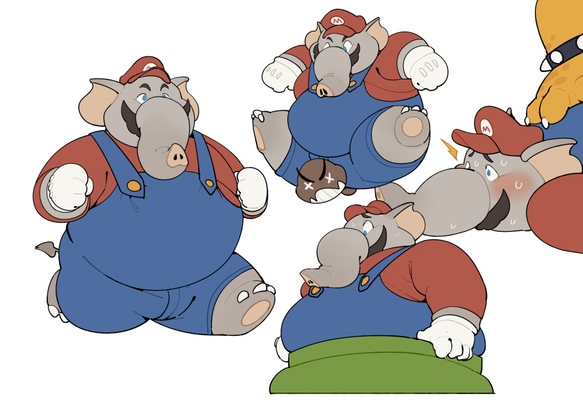 absurd_res anthro belly blush bowser butt_stomp clothing elephant elephant_mario elephantid facial_hair goomba hi_res male male/male mammal mario mario_bros mustache nintendo overalls overweight proboscidean proboscis_(anatomy) quanjiang stuck suggestive_pose super_mario_bros_wonder trunk_(anatomy) warp_pipe