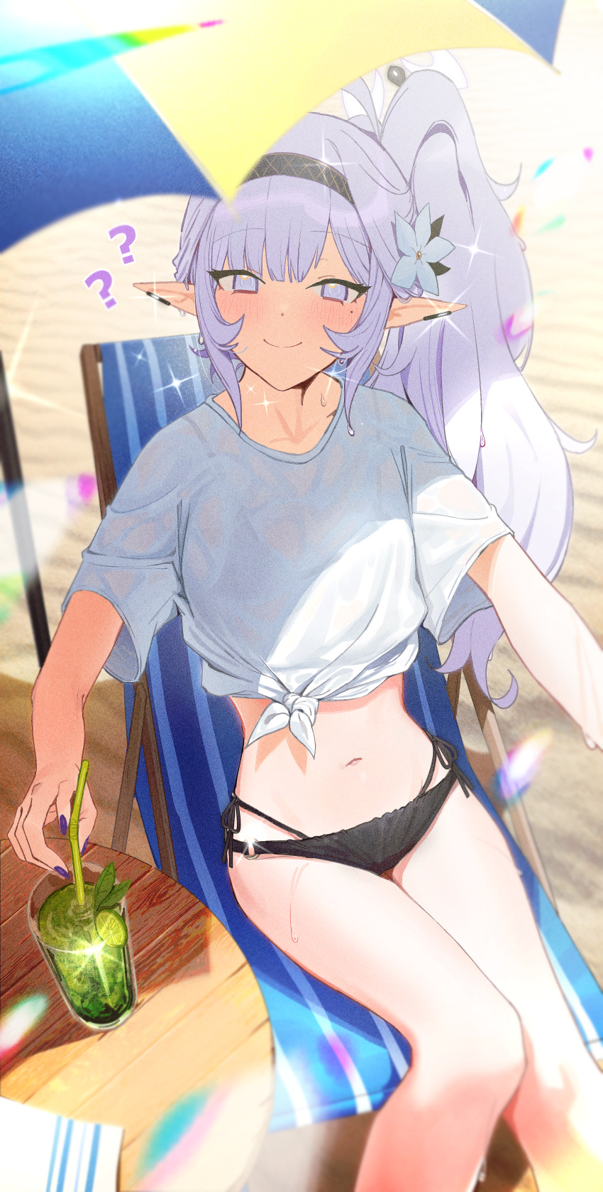 1girl ? absurdres beach bikini black_bikini blue_archive blush closed_mouth commentary cup drink drinking_glass drinking_straw fingernails flower hair_flower hair_ornament halo highres himari_(blue_archive) long_hair looking_at_viewer mole mole_under_eye nail_polish navel o-ring o-ring_bottom parasol pointy_ears purple_eyes purple_halo purple_nails see-through see-through_shirt shirt short_sleeves side-tie_bikini_bottom sitting solo swimsuit symbol-only_commentary umbrella white_flower white_hair white_shirt zanya_000