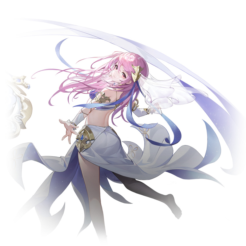 1girl anklet barefoot bra bustier elbow_gloves gloves harem_outfit harem_pants higan:_eruthyll highres jewelry long_hair looking_at_viewer looking_back mouth_veil nuno_(higan:_eruthyll) official_art pants pink_eyes pink_hair skirt solo transparent_background underwear veil white_veil