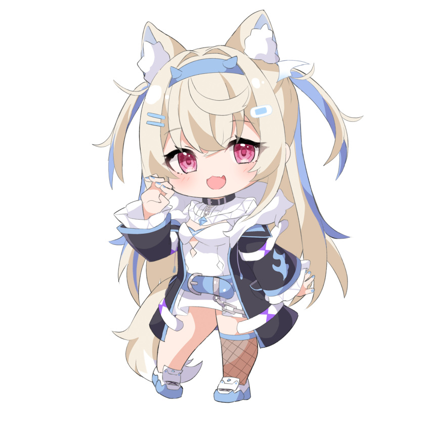 1girl :d ame. animal_ear_fluff animal_ears belt belt_buckle black_jacket blonde_hair blue_belt blue_hair blue_hairband blue_nails breasts buckle chain chibi dog_ears dog_girl dog_tail dress fang fishnet_thighhighs fishnets full_body fur-trimmed_jacket fur_trim fuwawa_abyssgard hair_between_eyes hair_ornament hairband hairclip hand_up highres hololive hololive_english jacket long_hair looking_at_viewer medium_breasts multicolored_hair nail_polish open_clothes open_jacket red_eyes shoes simple_background single_thighhigh smile solo standing streaked_hair tail thighhighs two_side_up very_long_hair virtual_youtuber white_background white_dress white_footwear