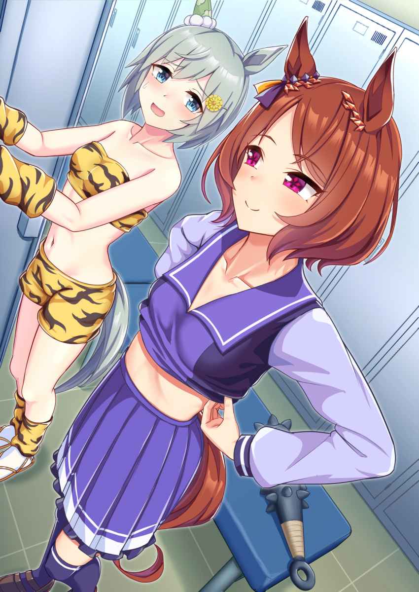 2girls animal_ears animal_print blue_eyes brown_hair changing_room club_(weapon) collarbone dutch_angle flower_in_eye highres horse_ears horse_girl horse_tail indoors looking_at_another mask midriff multiple_girls navel official_alternate_costume oni_mask pleated_skirt purple_eyes sailor_collar sakura_laurel_(umamusume) seiun_sky_(umamusume) short_hair skirt smile spiked_club symbol_in_eye tail tiger_print umamusume umamusume:_star_blossom weapon zenrakishi