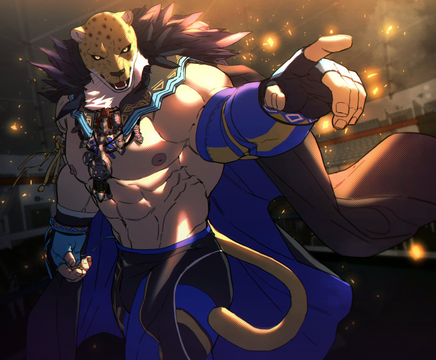 1boy abs absurdres animal_ears animal_head bara bulge embers fangs feet_out_of_frame highres jaguar_boy jaguar_ears jaguar_tail jewelry king_(tekken) large_pectorals male_focus muscular muscular_male navel necklace nipples pectorals pointing pointing_to_the_side solo stomach strongman_waist tail tekken thick_thighs thighs topless_male ttn_(239_239) wrestling_outfit wrestling_ring