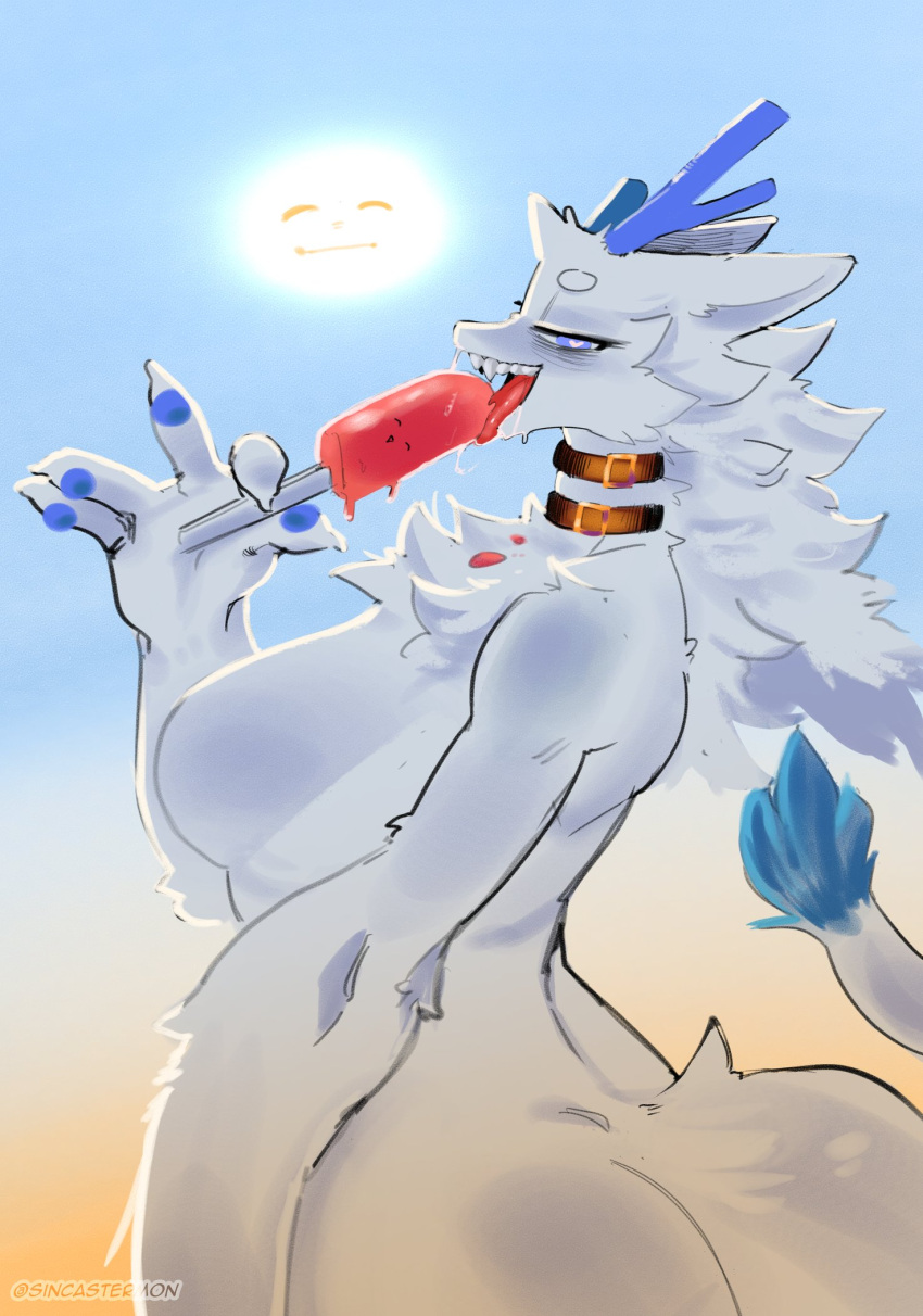 &lt;3 &lt;3_eyes 5_fingers anthro big_breasts blue_eyes breasts butt claws collar dragon featureless_breasts female fingers food fur furred_dragon hi_res holding_object horn licking_popsicle looking_at_viewer popsicle simple_background sincastermon solo tail tongue tongue_out tuft white_body white_fur