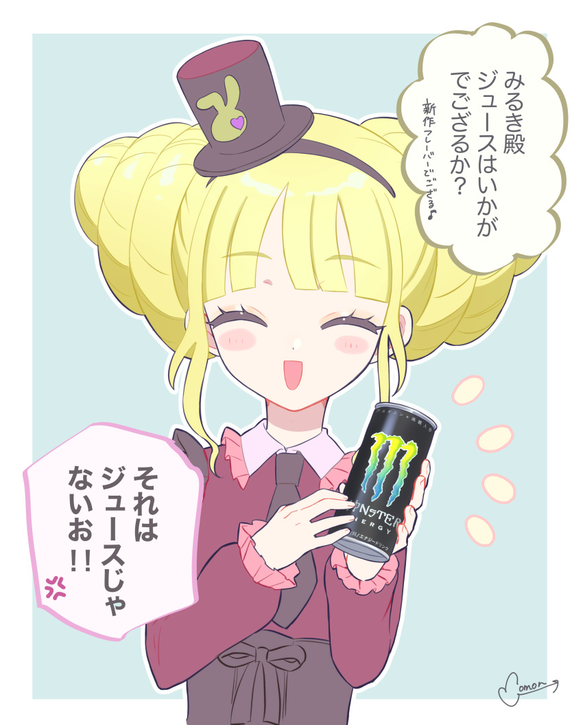 1girl :d ^_^ absurdres amauri_miruki anger_vein black_hairband black_headwear black_necktie blonde_hair blue_background blunt_bangs blush can closed_eyes collared_shirt commentary_request double_bun energy_drink facing_viewer hair_bun hairband hat highres holding holding_can kokoa_remon long_sleeves mini_hat mini_top_hat momokan_(mmkn100) monster_energy necktie open_mouth pretty_(series) red_shirt shirt short_hair sidelocks smile soda_can solo speech_bubble top_hat translation_request upper_body waccha_primagi!