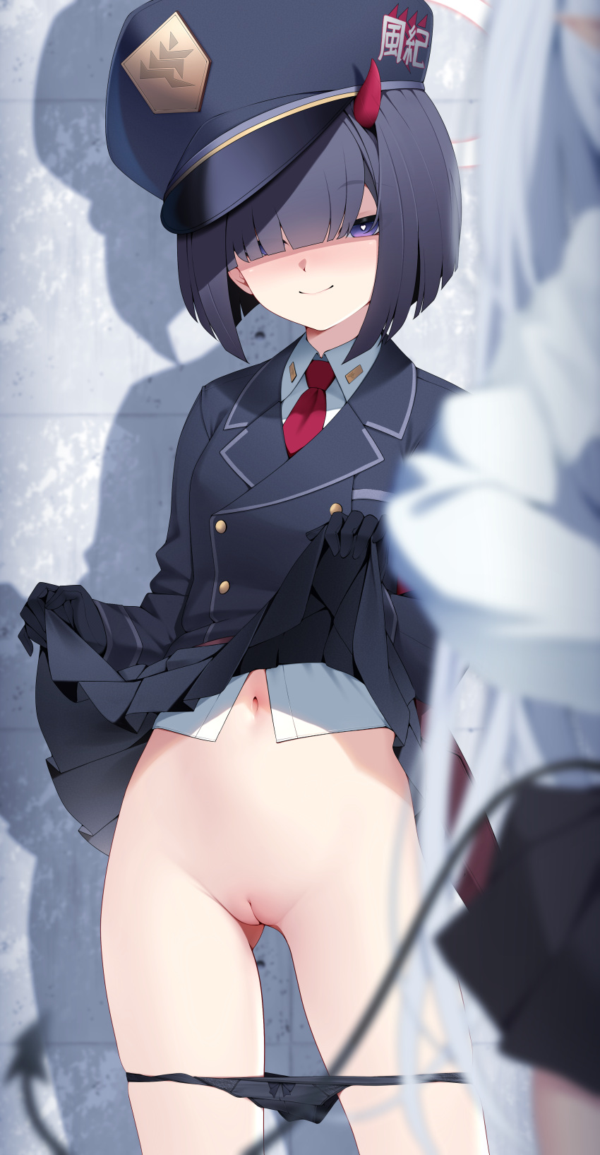 2girls absurdres ass_visible_through_thighs black_gloves black_hair black_headwear black_panties black_skirt black_tail blue_archive blue_eyes blurry blurry_foreground bob_cut cleft_of_venus closed_mouth clothes_lift collared_shirt gloves hair_over_eyes hat highres iori_(blue_archive) lifted_by_self long_sleeves multiple_girls necktie panties panty_pull peaked_cap pleated_skirt prefect_team_member_(blue_archive) pussy red_necktie shirt short_hair skirt skirt_lift smile solo_focus uncensored underwear white_shirt z.taiga